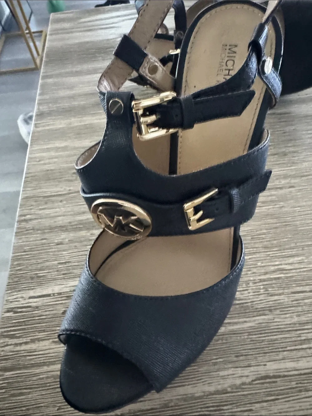 Michael Kors Black Open-Toe T-Strap Heels with Gold Hardware